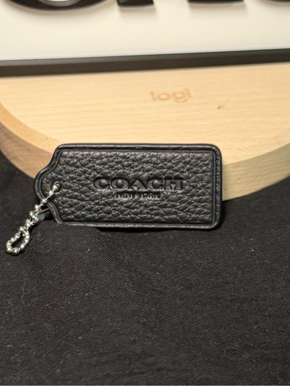 Coach Black Pebbled Leather Tag Keychain with Ball Chain